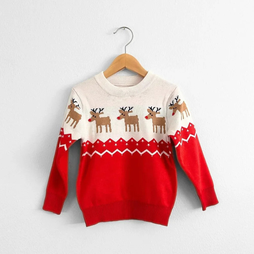 NWT Cute Kids Christmas Knitted Sweater Warm & Comfy Long Sleeve Reindeer Red 2T - Picture 2 of 4